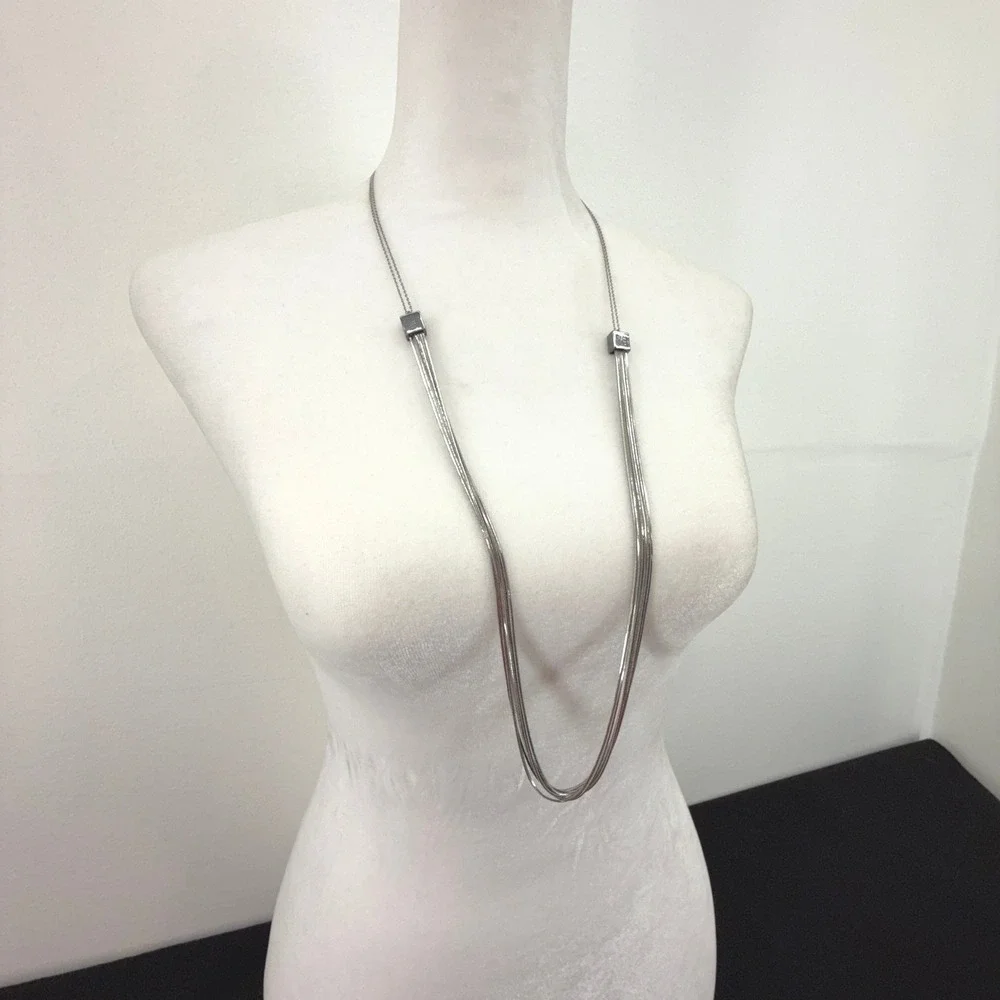 Liquid Silver Long 6 Strand Chain Layered Necklace‎ Silver Tone 17in Minimalist